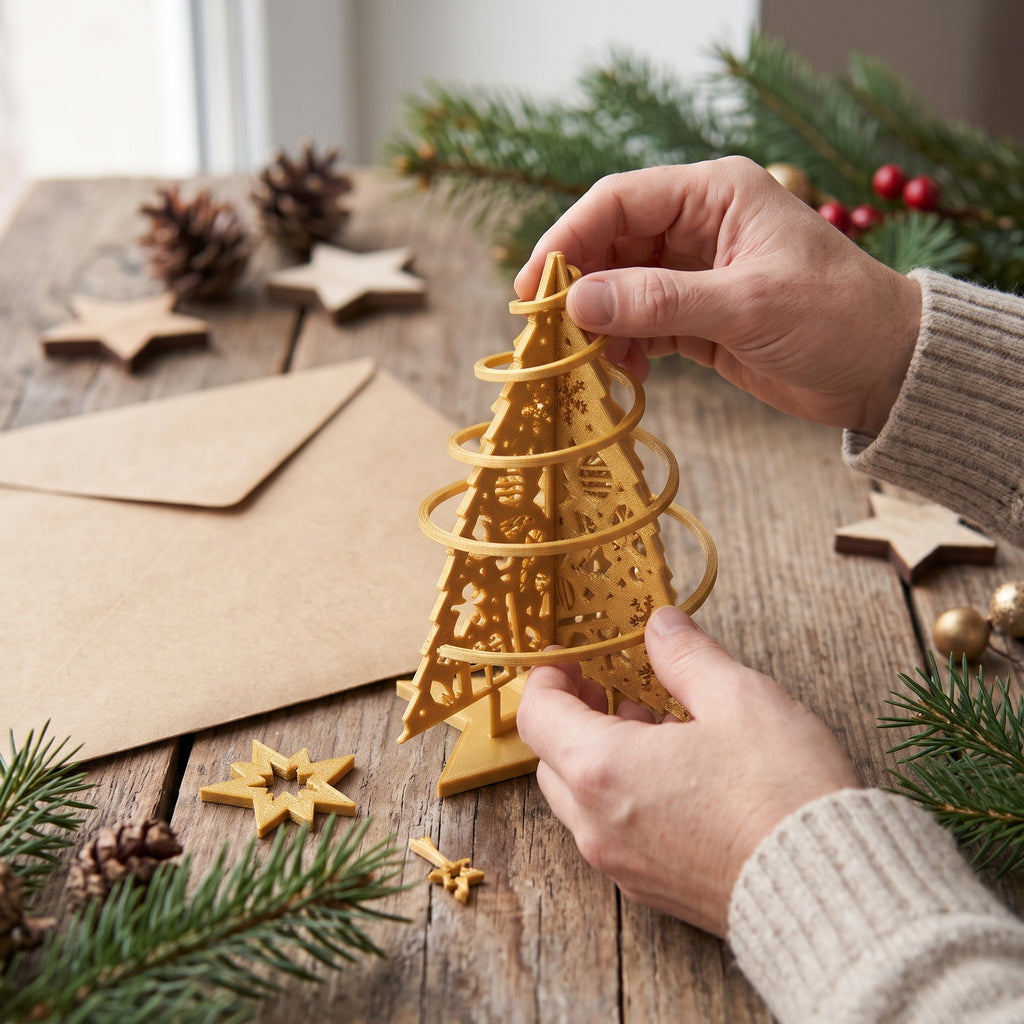 Tarjeta Kit Árbol de Navidad 3D Montable | Adorno Navideño Dorado en Kit Card