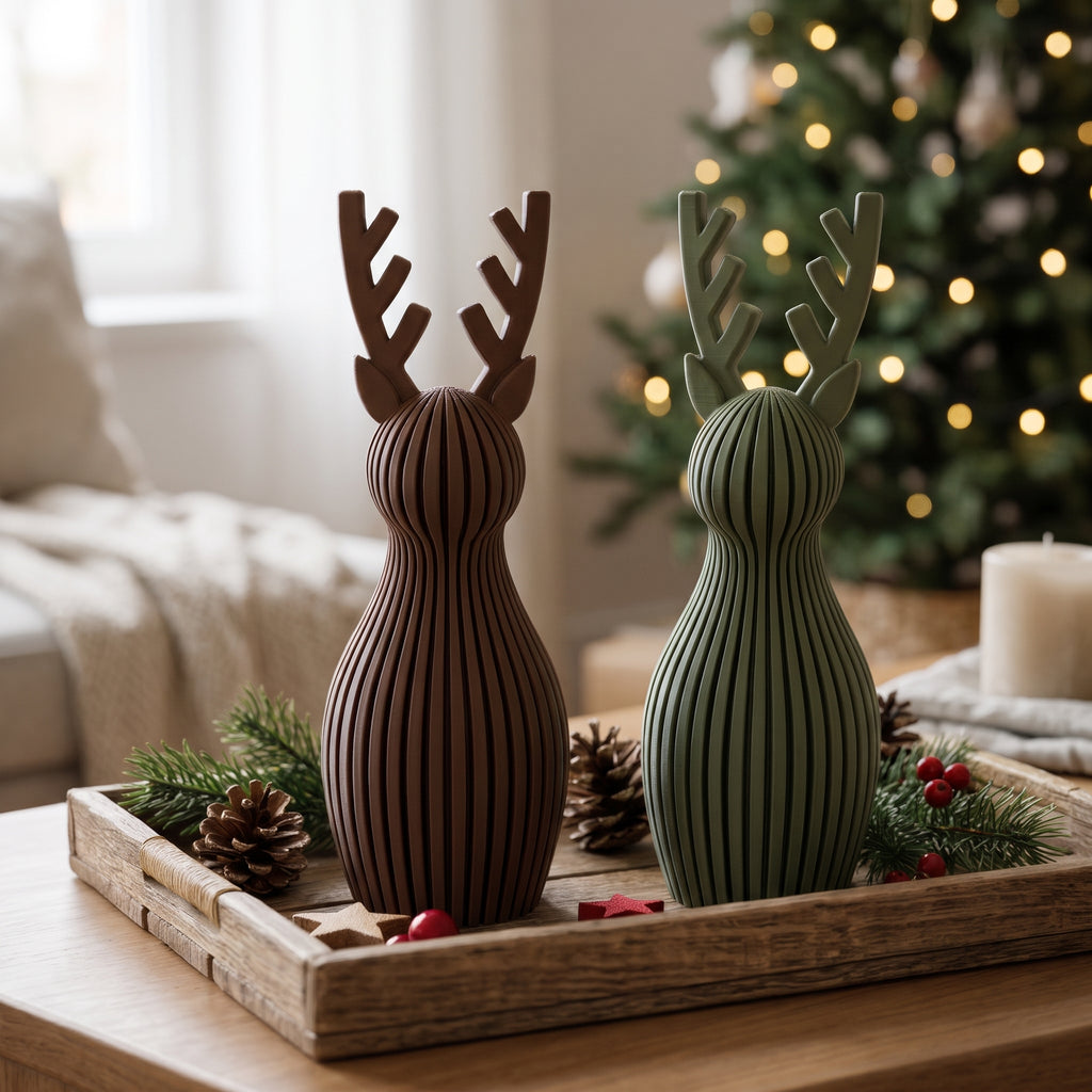 Pareja de Renos Navideños de Diseño 3D (Marrón y Verde)