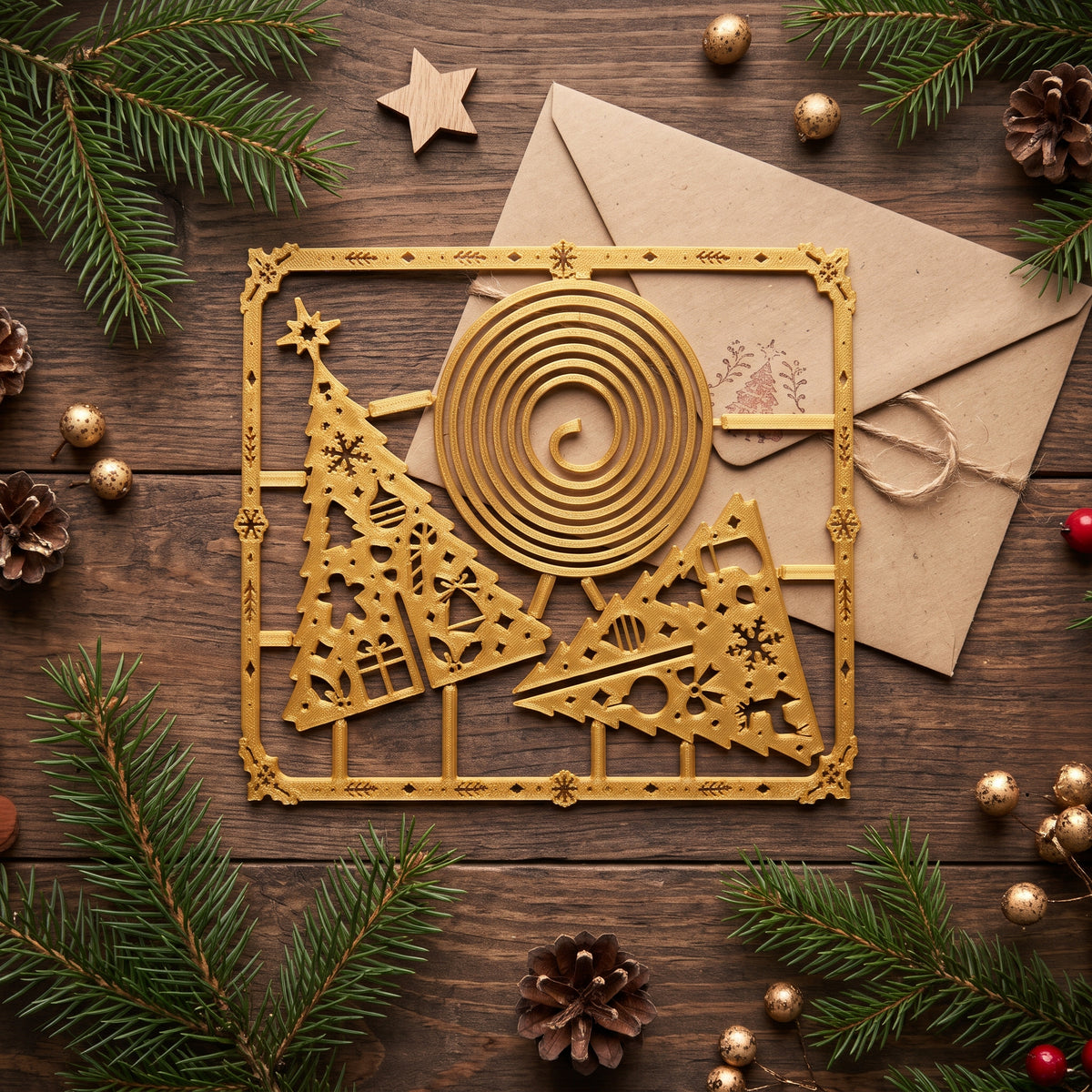 Tarjeta Kit Árbol de Navidad 3D Montable | Adorno Navideño Dorado en Kit Card