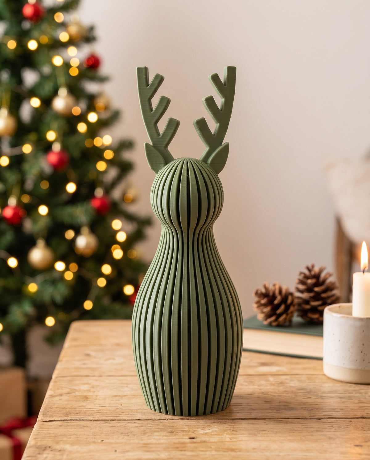 Pareja de Renos Navideños de Diseño 3D (Marrón y Verde)